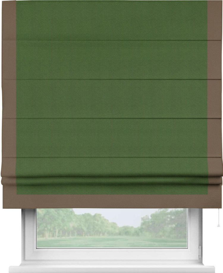 Римская штора «Кортин» с кантом Виктория, для проема, ткань блэкаут однотонный зелёный перламутр
